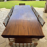 Set of 10 hardwood lattice-and-sling outdoor dining chairs