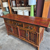Distressed Red Chinese-Style Slatted-Door Sideboard