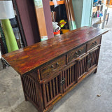 Distressed Red Chinese-Style Slatted-Door Sideboard