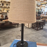 Rustic Black Table Lamp with Woven Beige Shade