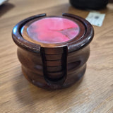 Pink Agate-Style Coasters & Wooden Holder - Set of Six