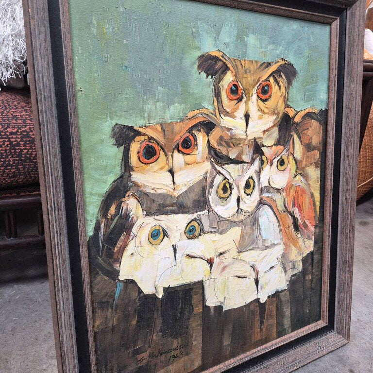1968 Owl Group Original Oil Painting