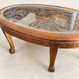 Chinese-Style Carved Oval Coffee Table with Glass Top