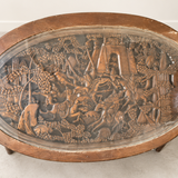 Chinese-Style Carved Oval Coffee Table with Glass Top