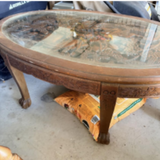 Chinese-Style Carved Oval Coffee Table with Glass Top
