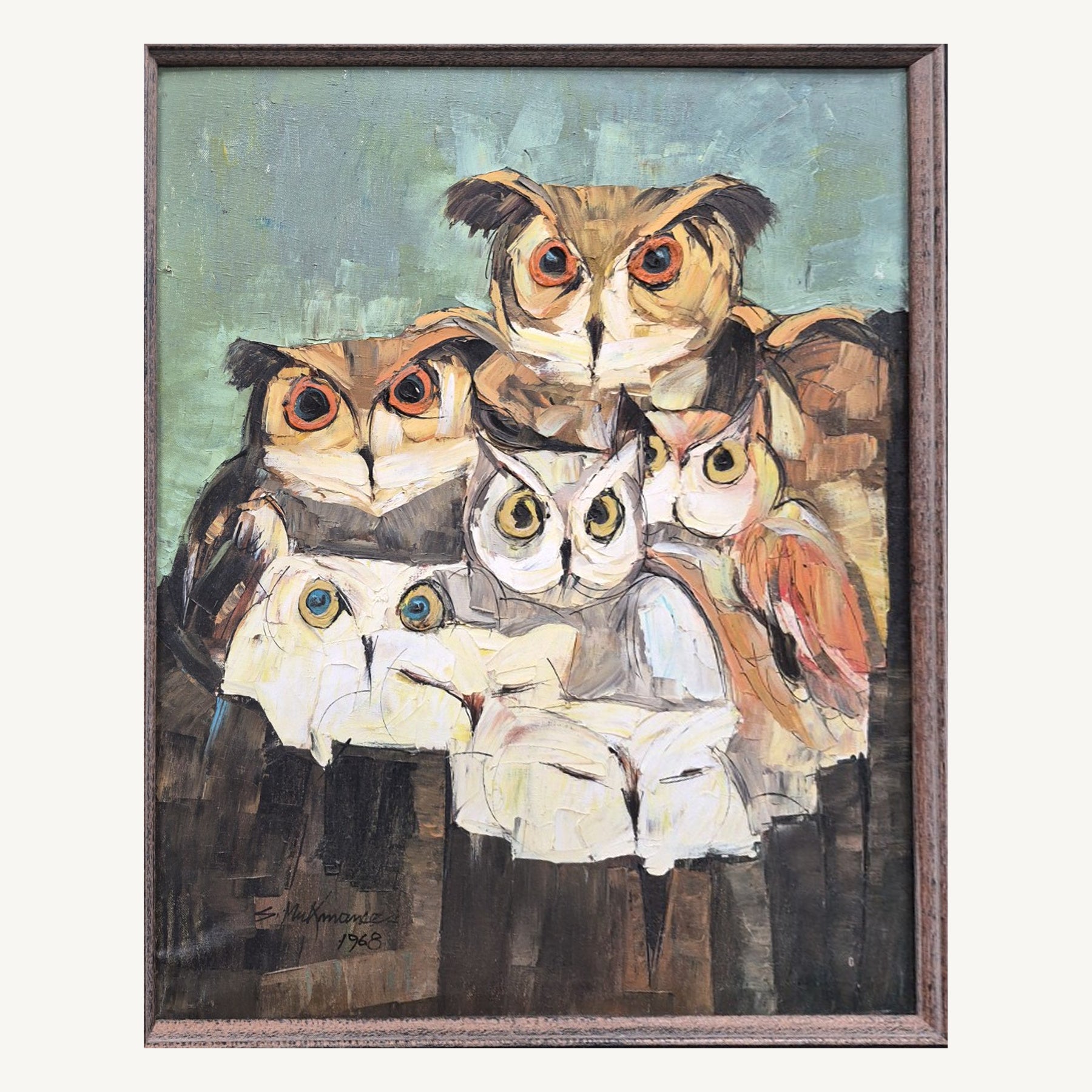 1968 Owl Group Original Oil Painting — cropped and straightened original photograph; full frame shown in additional photos