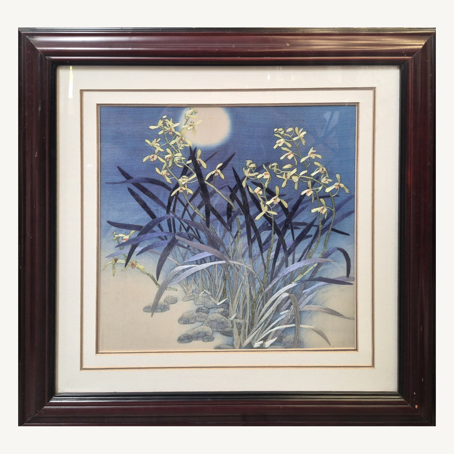 Moonlit Orchids Embroidered Textile — cropped and straightened original photograph; full frame shown in additional photos