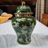 Green Ceramic Jar White Cherry Blossoms