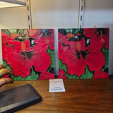 Raised Red Floral Tile Art Pair