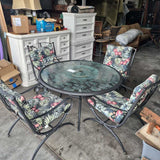 Glass Top Patio Table Metal Frame & 4 Swivel Chairs