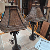 Pair Of Tropical Palm Style Table Lamps With Woven Shades