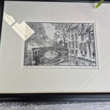 Framed Black and White Artwork of a Canal Scene