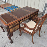 Leather Top Executive Desk And Carved Arm Chair
