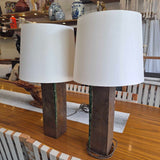 Bronze-Tone Column Table Lamps with White Shades - Pair