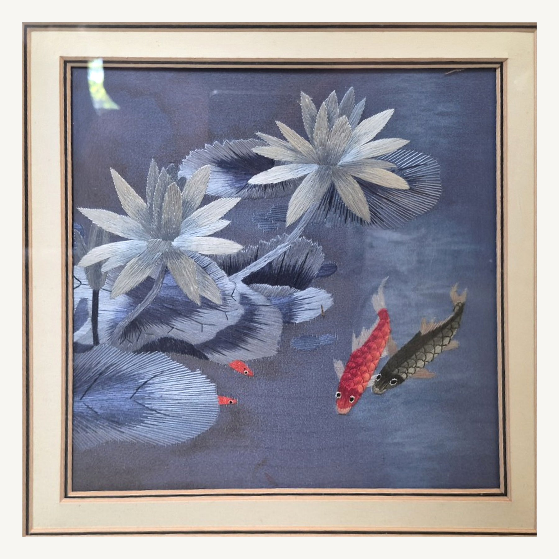 Koi and Water Lilies Embroidered Textile — cropped and straightened original photograph; full frame shown in additional photos